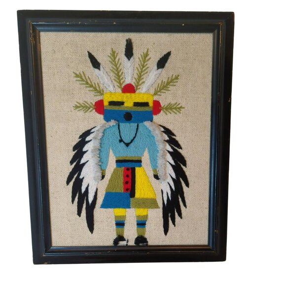 Vintage Kachina Doll Eagle Crewel Embroidery Wall Art Handcrafted Framed - Picture 1 of 9